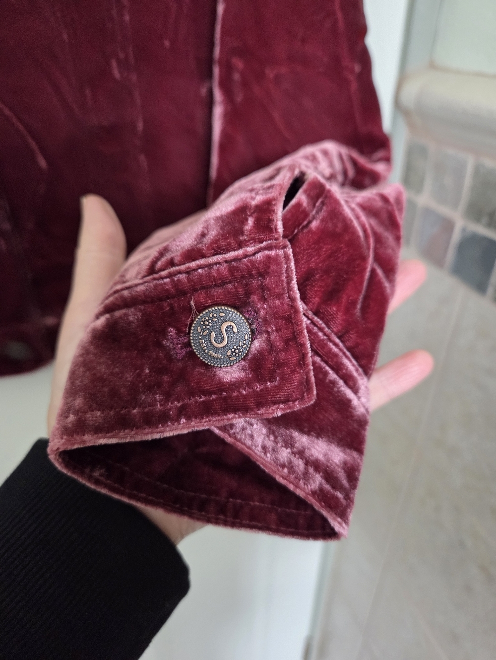 Sundance Wine Color Velvet/Silk Blend Button-Front Trucker Jacket Large Western - Picture 7 of 13